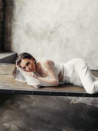 Anika Midi Dress - Mesh Long Sleeve in White - Cinderella