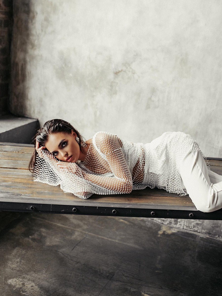 Anika Midi Dress - Mesh Long Sleeve in White