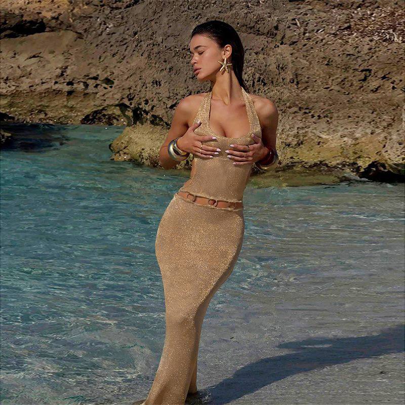 Golden Tide Halter Cut-Out Dress