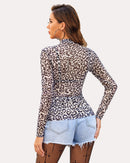 Leopard Sheer Long Sleeve Mock Neck Mesh Crop Top - Cinderella