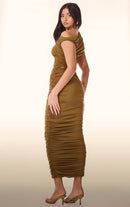 Tobacco One Shoulder Ruched Cut Out Maxi Dress - Cinderella